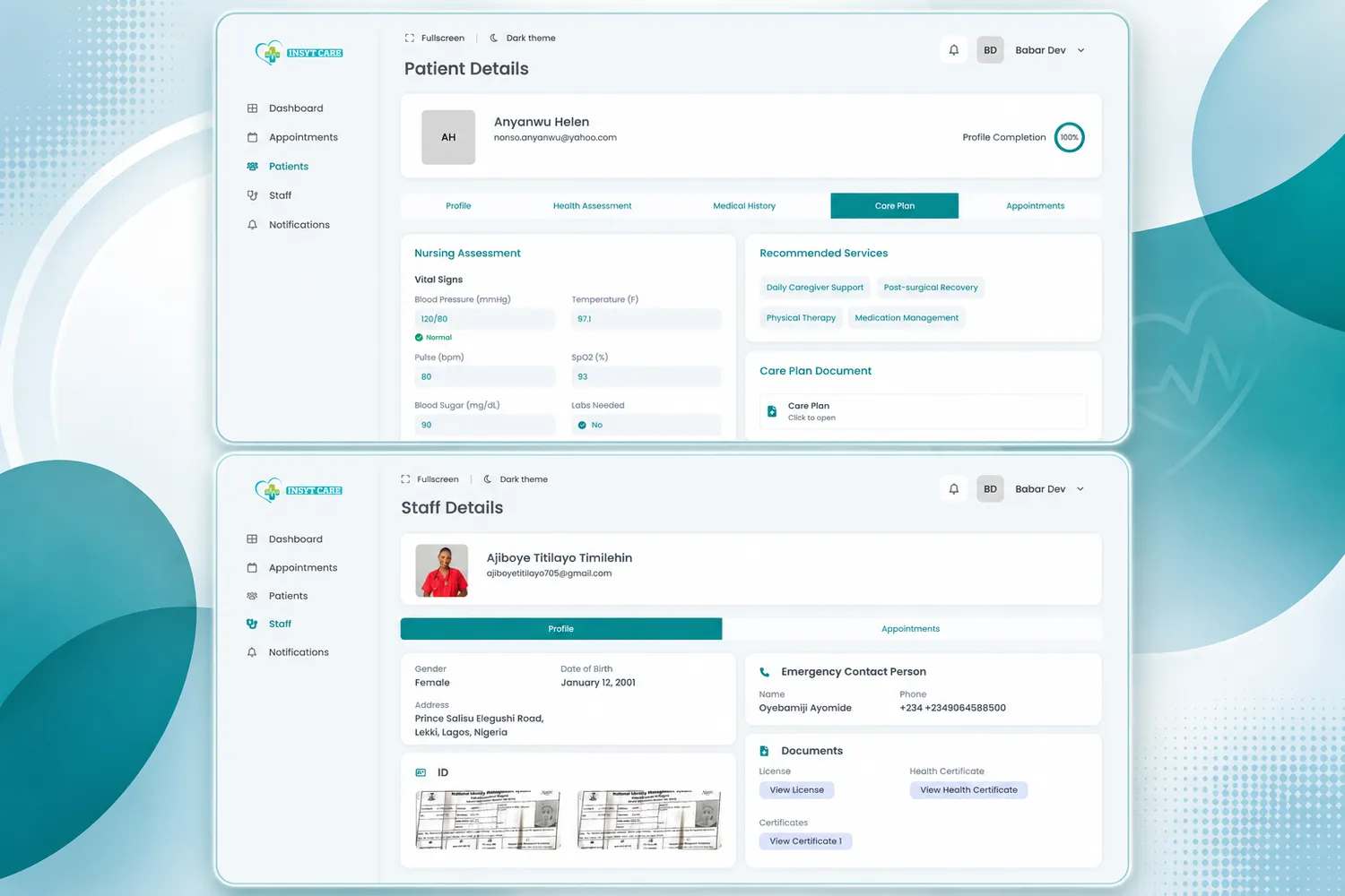 Patient onboarding and vitals tracking interface
