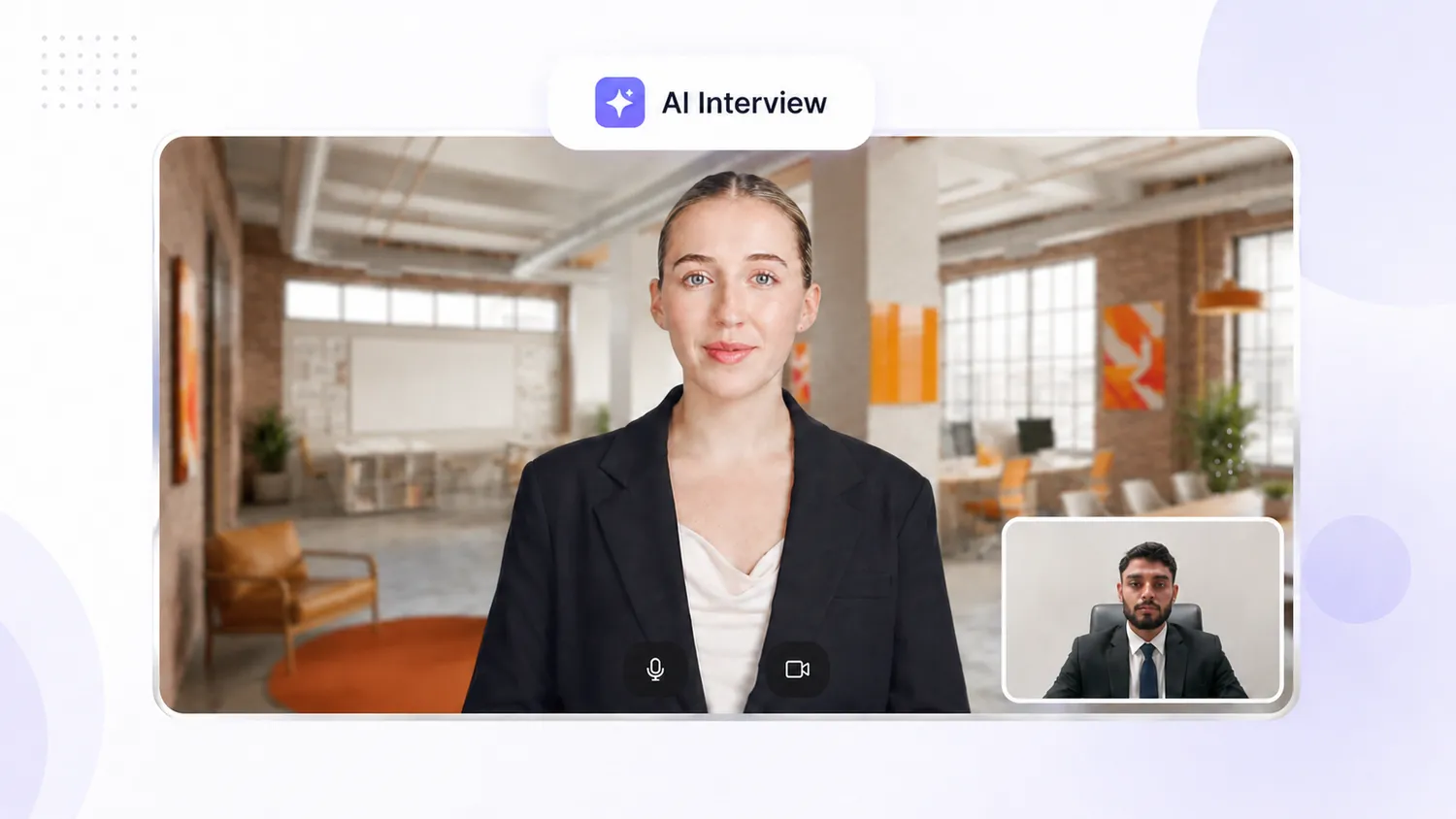 AI avatar interview with the candidate's webcam picture-in-picture